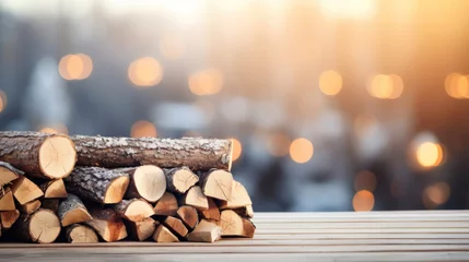 Foto op Plexiglas Stack of firewood on the table against the blurred background © tashechka
