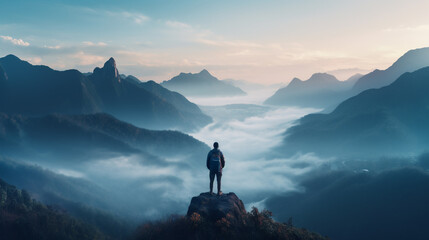 a man with a backpack on top of a mountain above the clouds with a beautiful view of the mountains
