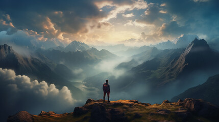 a man with a backpack on top of a mountain above the clouds with a beautiful view of the mountains - obrazy, fototapety, plakaty