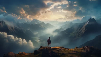 Foto op Canvas a man with a backpack on top of a mountain above the clouds with a beautiful view of the mountains © MYKHAILO KUSHEI