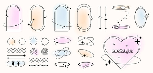Retro frames and picture borders with sparkles and blurred colors on the background, y2k set of borders, dividers, outline drawings. Vector illustrations.