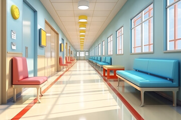 Empty modern hospital corridor background and seats at waiting area. Clinic hallway interior. Healthcare and medical center background. Contemporary corridor design with bright color.