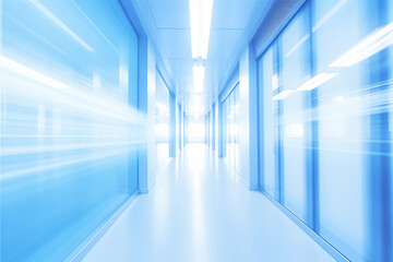 Blurred empty modern hospital corridor background. Abstract blurred clinic hallway interior. Entrance of medical emergency room in hospital. Healthcare and medical center background.