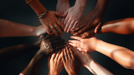 many human hands of different racial backgrounds are folded in a circle  - obrazy, fototapety, plakaty