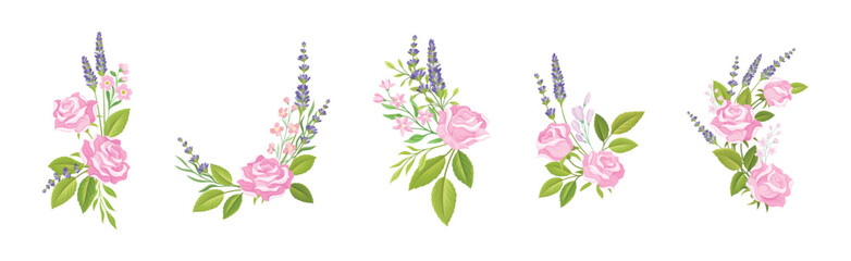 Pink Rose and Lavender Twig Floral Composition Vector Set