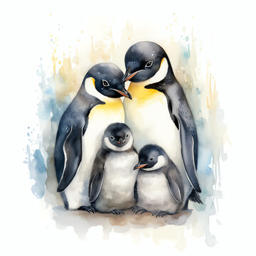 Watercolor illustration of penguin family on white background. Generative AI