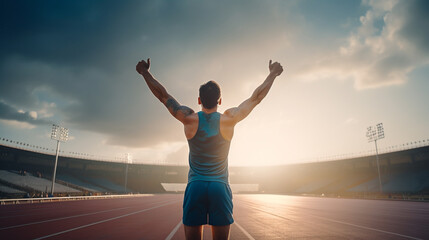 an athlete in an empty stadium with his arms raised and thumbs at sunrise, rear view - Powered by Adobe