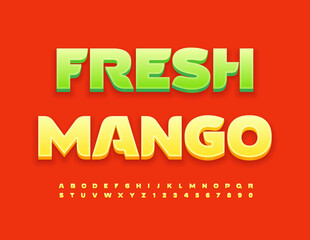 Vector advertising poster Fresh Mango.  Elegant Yellow 3D Font. Creative Alphabet Letters and Numbers set