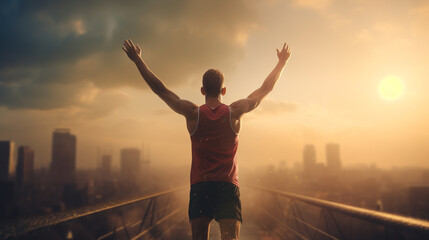 an athlete celebrating victory at the finish line with his arms raised, view from behind