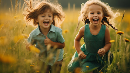 children, a boy and a girl, run through a field with tall grass and laugh very emotionally
