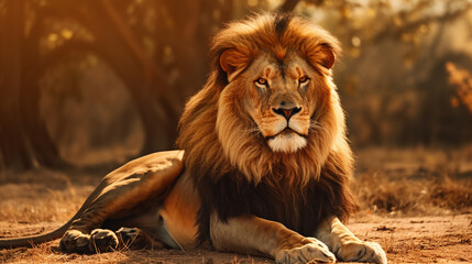 Fototapeta premium a majestic adult calm male lion lies in the savannah and looks with a proud gaze