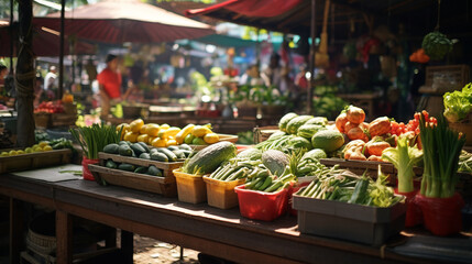 Fototapeta premium market stall with fresh vegetables and fruits, good lighting day