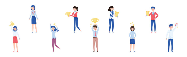 Fototapeta na wymiar Smiling Man and Woman Office Worker with Golden Cup Enjoying Success and Cheering Vector Set