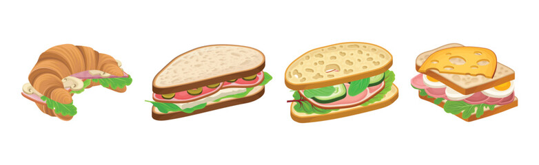 Tasty Sandwich as Bread with Different Stuffings Vector Set