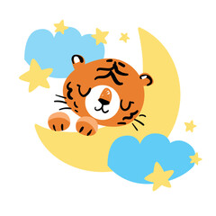 Hand Drawn Cute Tiger in the Moon Vector Illustration, Children Design Print for T-Shirt