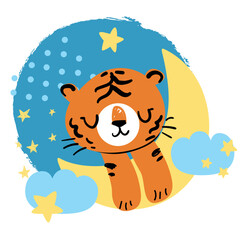 Hand Drawn Cute Tiger in the Moon Vector Illustration, Children Design Print for T-Shirt