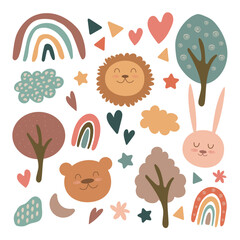 Vector set, baby illustration. Cute animals, trees, rainbow and cloud. Isolated on white.