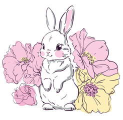 Obraz premium Hand drawn Cute Bunny and flowers vector illustration, Print design rabbit, print on t-shirt.