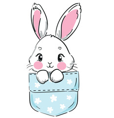 Fototapeta premium Hand Drawn Bunny Animal sitting in a blue pocket vector Sketch, Print Design, children print on t-shirt