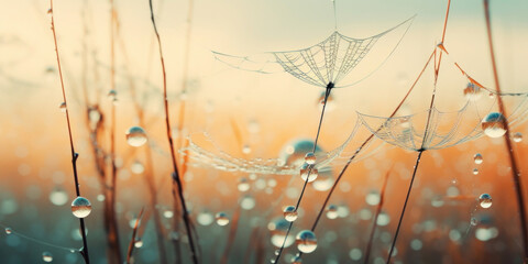 Spider webs in field wild grasses with dew on sunset background. Halloween backdrop