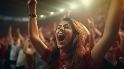 female fan with raised arms shouting with delight among other fans in the stadium, stormy emotions of happiness