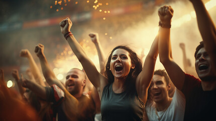 female fan with raised arms shouting with delight among other fans in the stadium, stormy emotions of happiness - obrazy, fototapety, plakaty