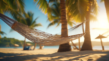 Hammock made of mesh stretched between palm trees on a sandy beach in the shade
