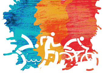 Triathlon Racers symbols, exppresive backdrop. 
Three triathlon icons on grunge colorful background. Useful for web banner.