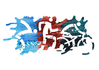 
Triathlon Racers, expressive symbol. 
Three triathlon grunge stylized athletes. Isolated on white background.