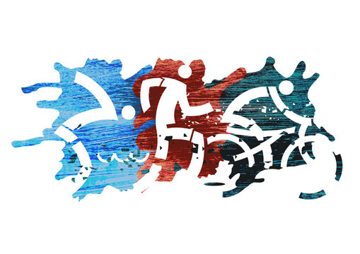
Triathlon Racers, expressive symbol. 
Three triathlon grunge stylized athletes. Isolated on white background.