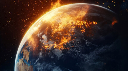 Obraz premium Planet earth on fire, climate change, global warming and disaster concept illustration.