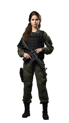 Female soldier in military uniform with gun, a young woman isolated on transparent white background