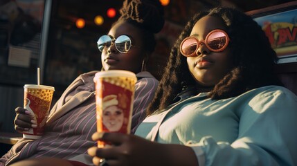 Two women in sunglasses are sitting together on a bench with juice. - obrazy, fototapety, plakaty