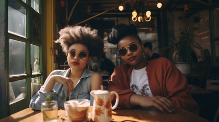 Two women are sitting together in a cafe. - obrazy, fototapety, plakaty