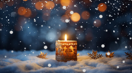 Advent. Candle With Christmas Ornament In Shiny Night