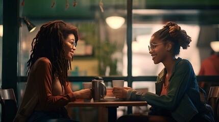 Two loving girls are sitting together in a cafe.
