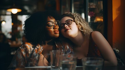 Two loving girls are sitting together in a cafe. - obrazy, fototapety, plakaty