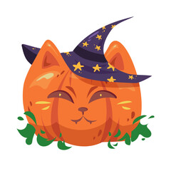 Obraz premium Illustration of pumpkin cat with a witch hat for halloween.