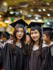Obraz premium Carefree high school graduate with friends in cap and gown with happy face and smile, closeup portrait of happy asian students in graduation dresses taking photo together pose at university campus,