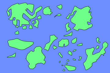 Imaginary map with green islands and blue ocean. Map for banner, poster, print, cover or wall decoration. Fictional country art map.