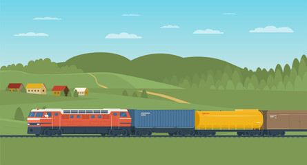 Freight train with a driver in the cabin in the background of a rural landscape. Vector illustration. © lyudinka