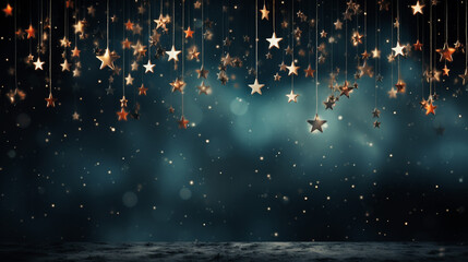 Magic night dark blue sky with sparkling stars. Gold glitter powder splash  background. Golden...