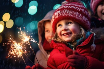 Portrait of childrens with sparklers on Christmas background, ai generative