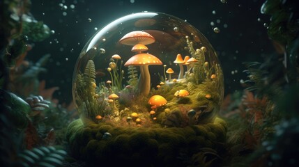 A glass ball filled with mushrooms and plants