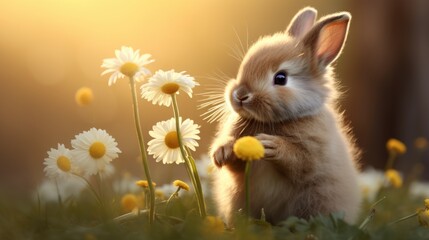 A small rabbit sitting in a field of flowers - Powered by Adobe