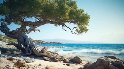 Fototapeta premium A tree on a rocky beach next to the ocean
