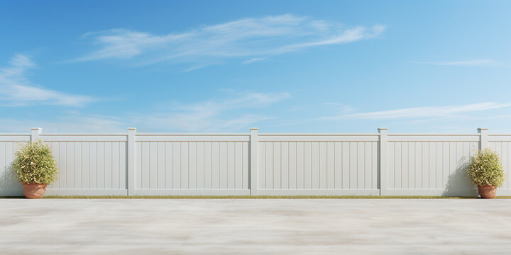 Concrete fence, wall panel or barrier at outdoor. Building for privacy of residential, home, house. Including bush, clouds, sky, nobody and empty space on road or pavement floor for background.
