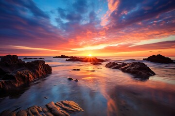 Naklejka premium A view on ocean waves during stunning pink apricot color cloudy sunset