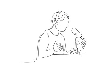 One continuous line drawing of woman telling a story while recording a podcast
