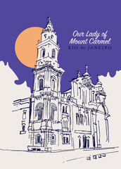 Fototapeta premium Drawing sketch illustration of The Our Lady of Mount Carmel cathedral in Rio de Janeiro